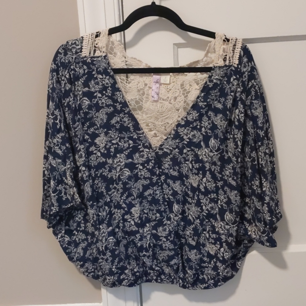 Navy Blue Floral and Crochet Top